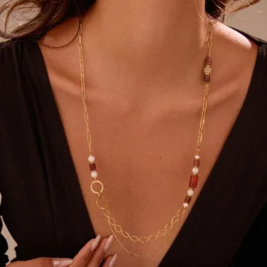 Sautoir Double Chaîne Perles Caramel